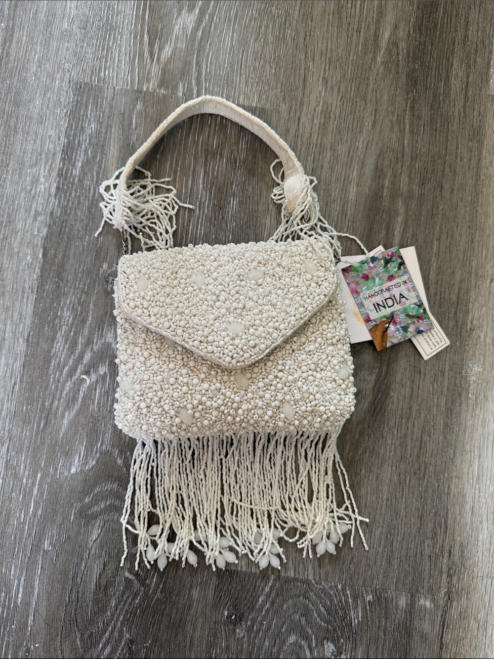 Handcrafted White Beaded Fringe Shoulder Bag